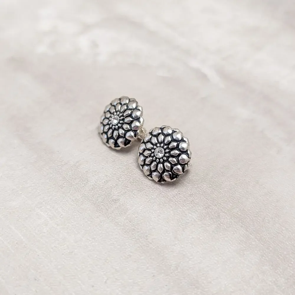 Vintage Clip On Earrings Silver Tone Flower with Black Detail & Clear Gem 5/8